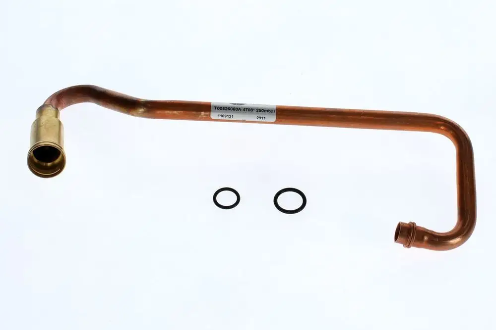 Kupferrohr in gebogener Form mit O-Ringen, möglicherweise von Bosch, zur Verbindung oder für den by-pass in Heizungs- oder Kühlsystemen.
